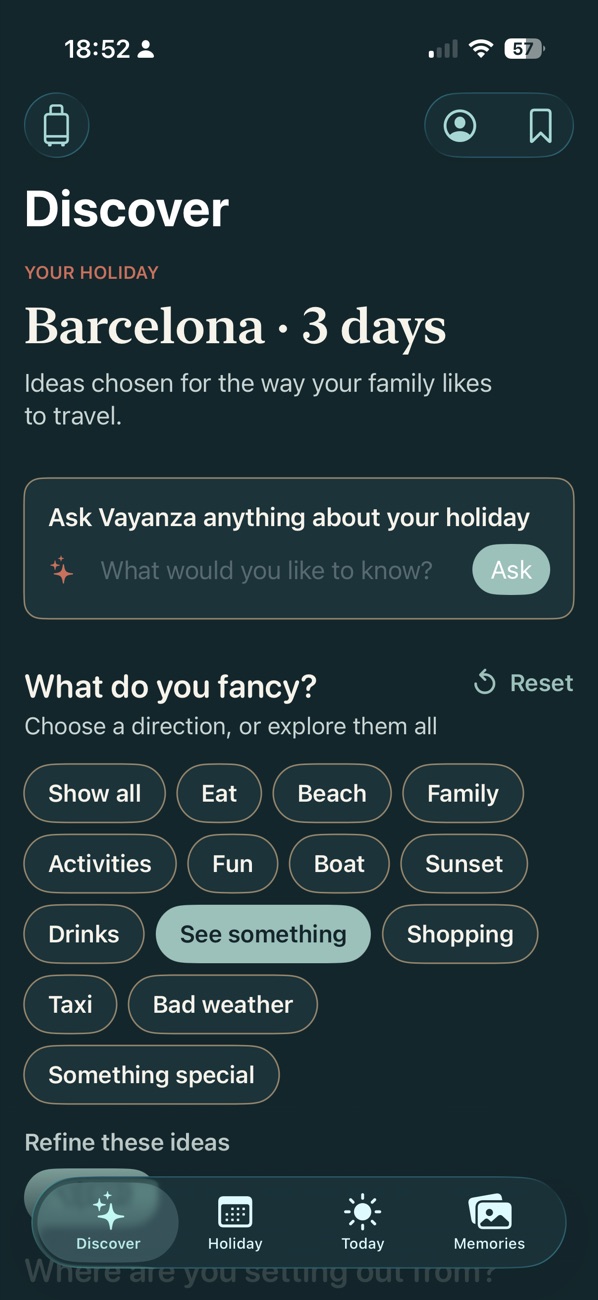 Vayanza's Discover screen for a three-day Barcelona holiday, with an Ask box and category choices such as Eat, Beach, Family and See something.